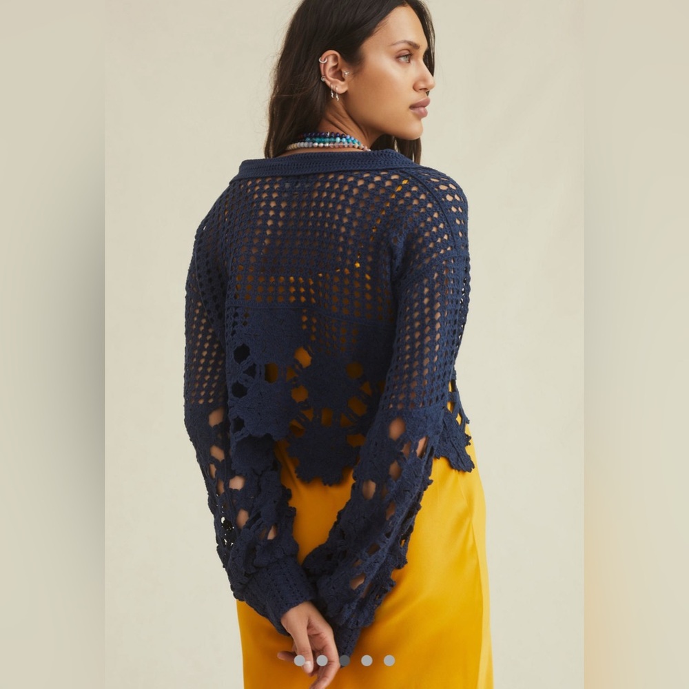Anthropologie Eyelet Crochet Top in Navy, layering, festival boho layer - Picture 6 of 8